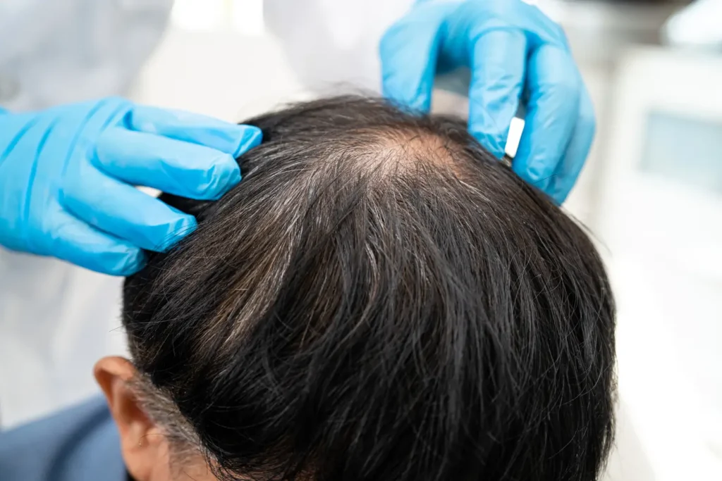 Doctor explicando el alopecia areata tratamiento a un paciente
