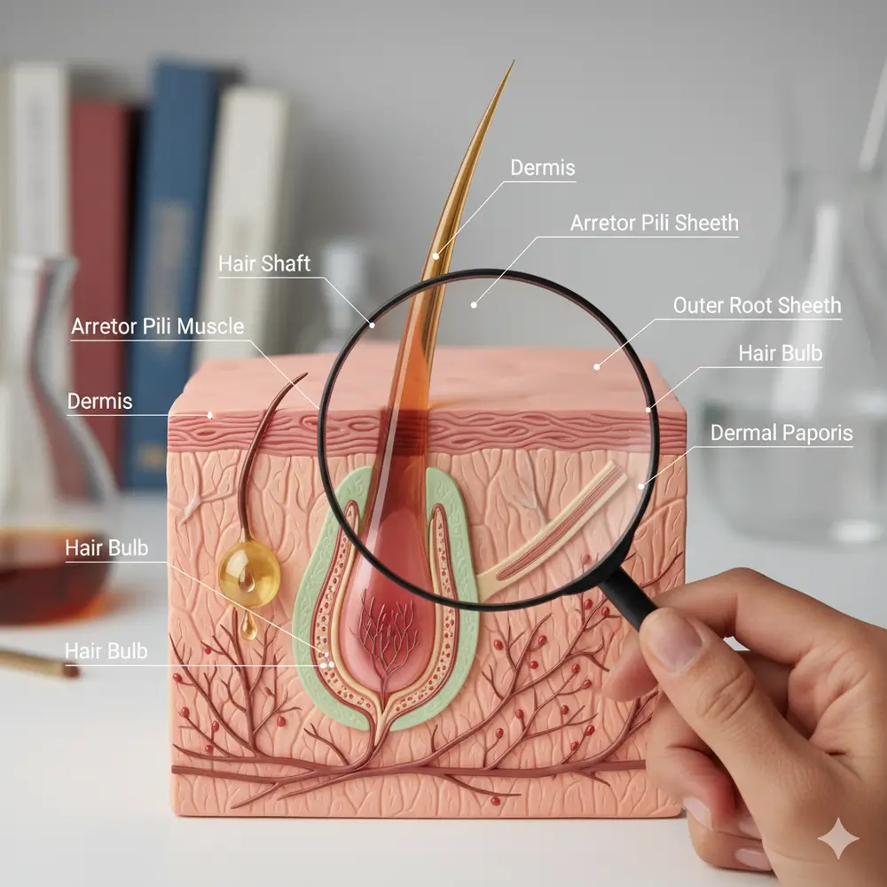 Men Implante Capilar Robótico | anatomía del folículo piloso con etiquetas educativas - clinica del hombre